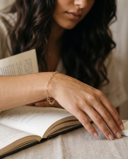 Gold Filled 3mm Heart Bracelet worn by a model
