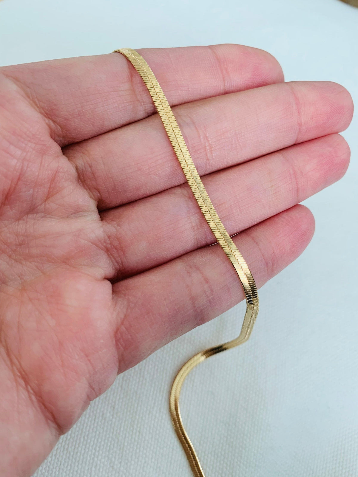 18KT Gold Filled Anklets, Gold Filled 3mm Herringbone Anklet | Sleek Flat Chain Shine by HAUS OF MONOGRAM