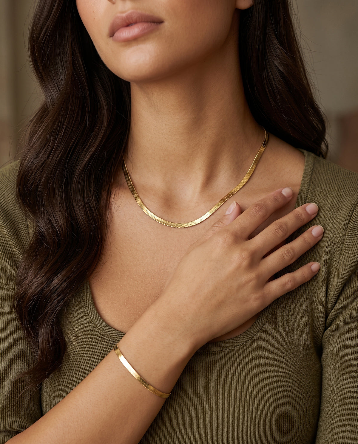 Gold Filled 3mm Herringbone Set worn by a model