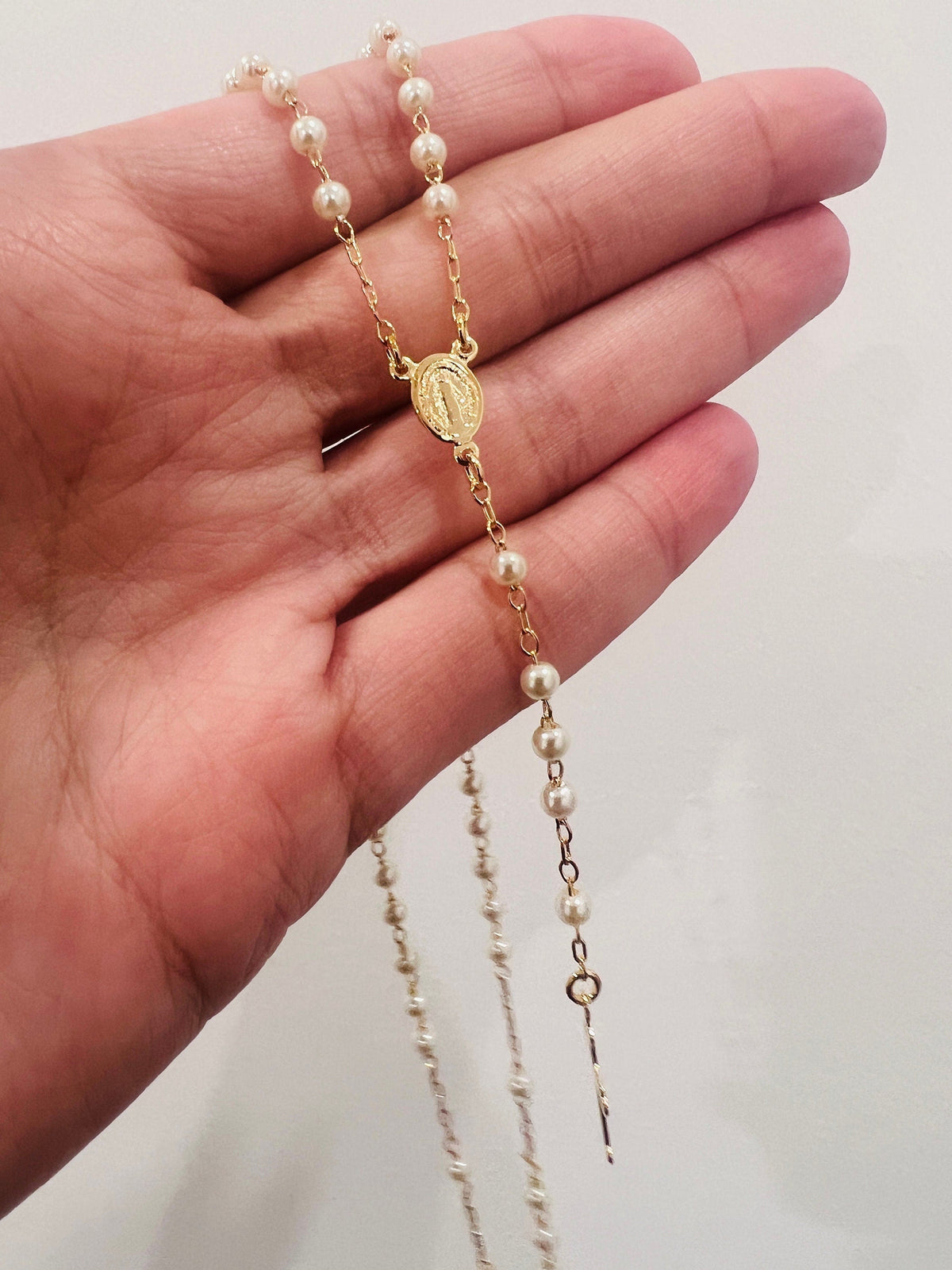 18KT Gold Filled Necklaces, Gold Filled 3mm Pearl Rosary Necklace | Dainty Religious Jewelry by HAUS OF MONOGRAM