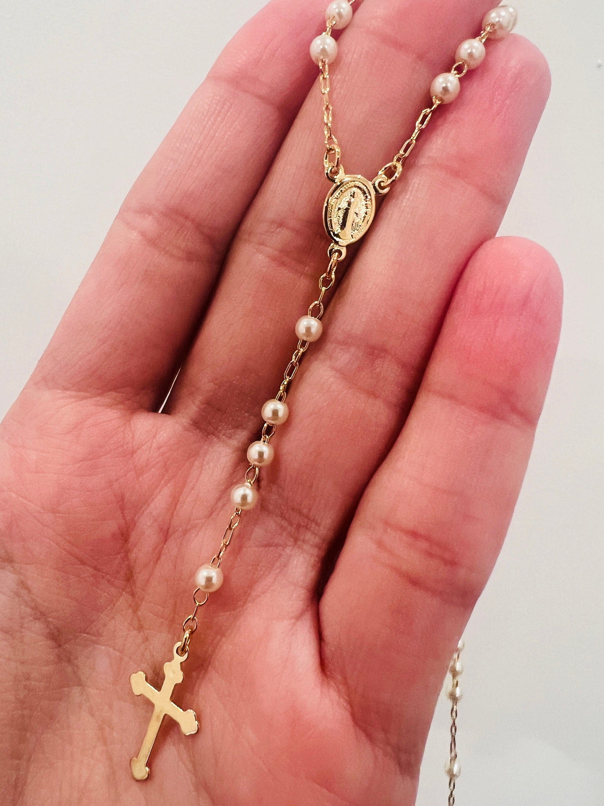 18KT Gold Filled Necklaces, Gold Filled 3mm Pearl Rosary Necklace | Dainty Religious Jewelry by HAUS OF MONOGRAM