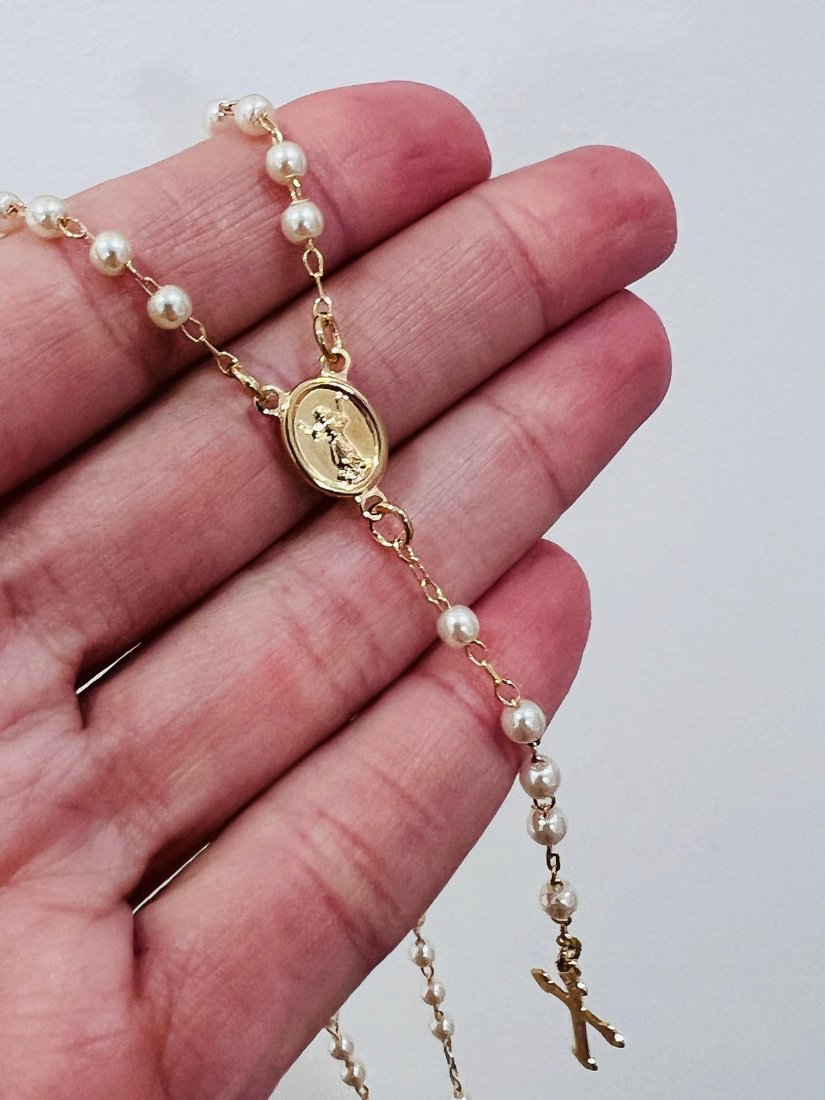 18KT Gold Filled Necklaces, Gold Filled 3mm Pearl Rosary Necklace | Dainty Religious Jewelry by HAUS OF MONOGRAM