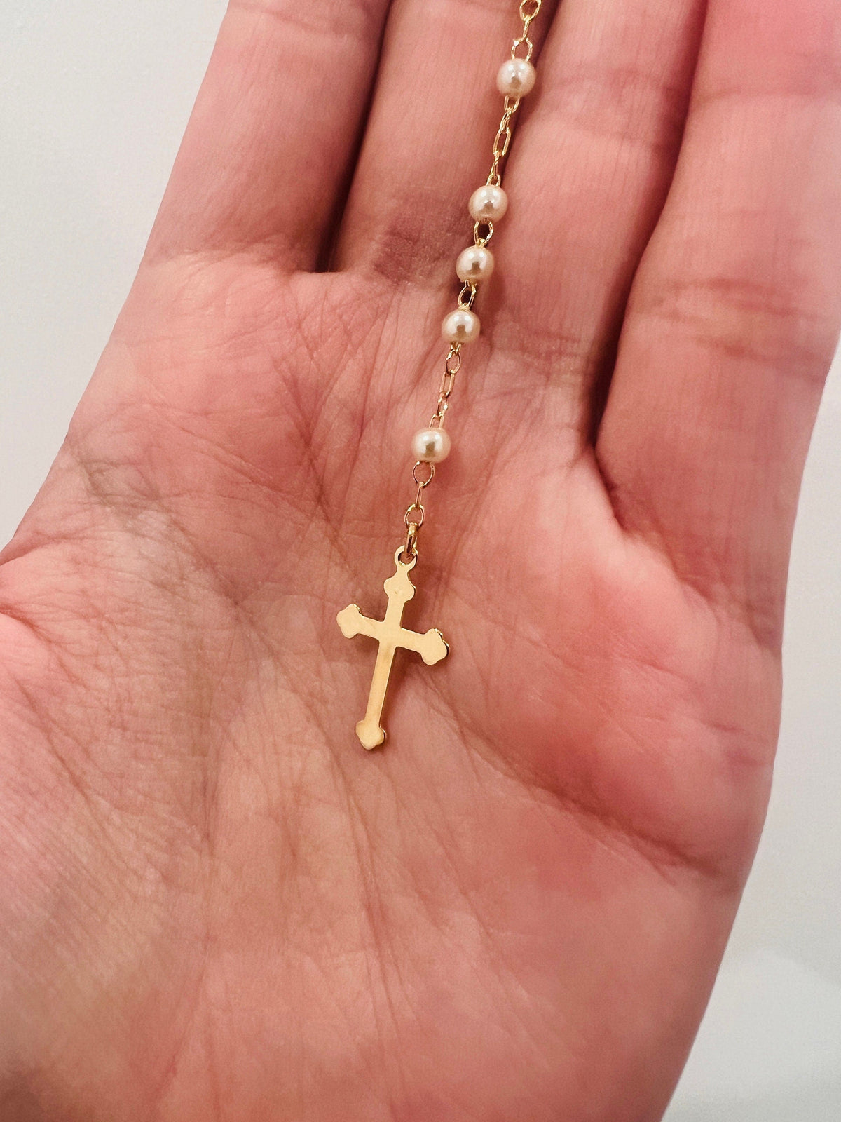 18KT Gold Filled Necklaces, Gold Filled 3mm Pearl Rosary Necklace | Dainty Religious Jewelry by HAUS OF MONOGRAM