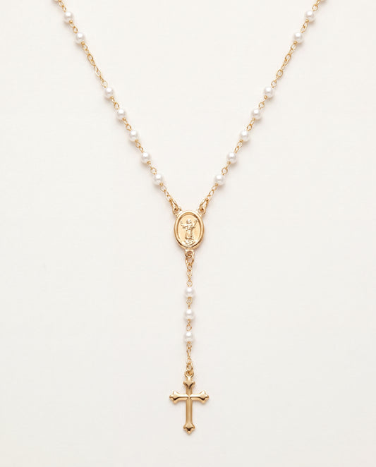 18KT Gold Filled Necklaces, Gold Filled 3mm Pearl Rosary Necklace | Dainty Religious Jewelry by HAUS OF MONOGRAM