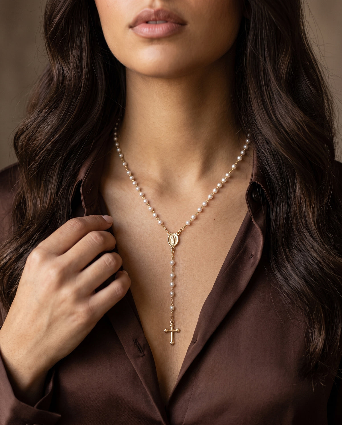 Gold Filled 3mm Pearl Rosary Necklace worn by a model