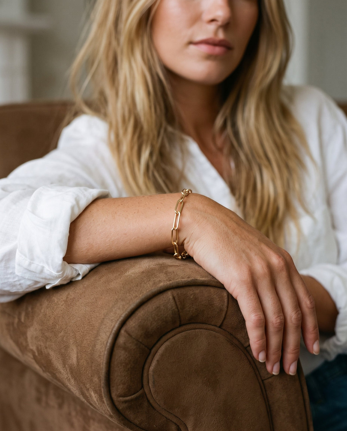Gold Filled 4.5mm Paperclip Bracelet worn by a model