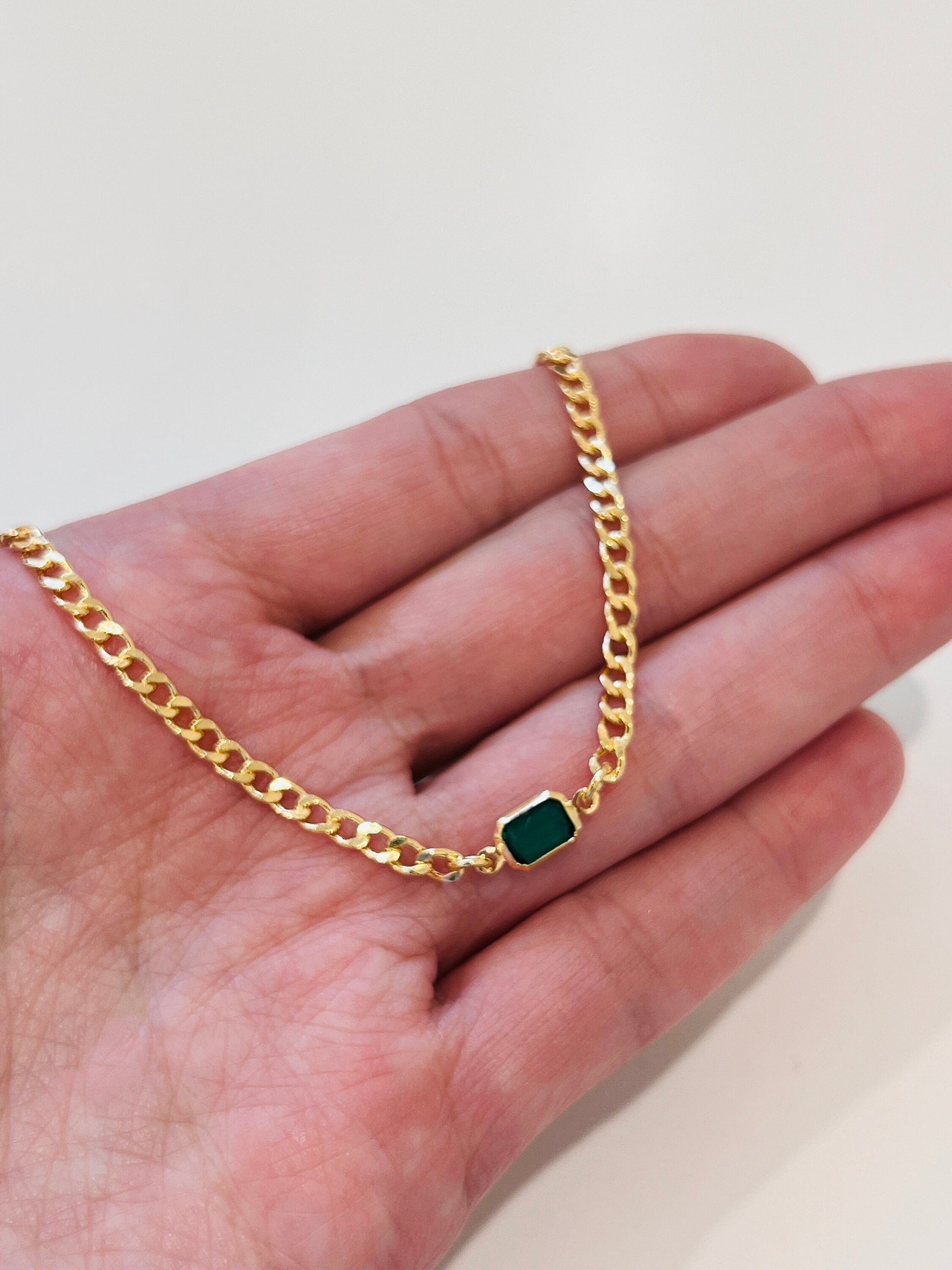18KT Gold Filled Necklaces, Gold Filled 4mm Curb Gemstone Necklace | Dainty Radiance with a Touch of Color by HAUS OF MONO...