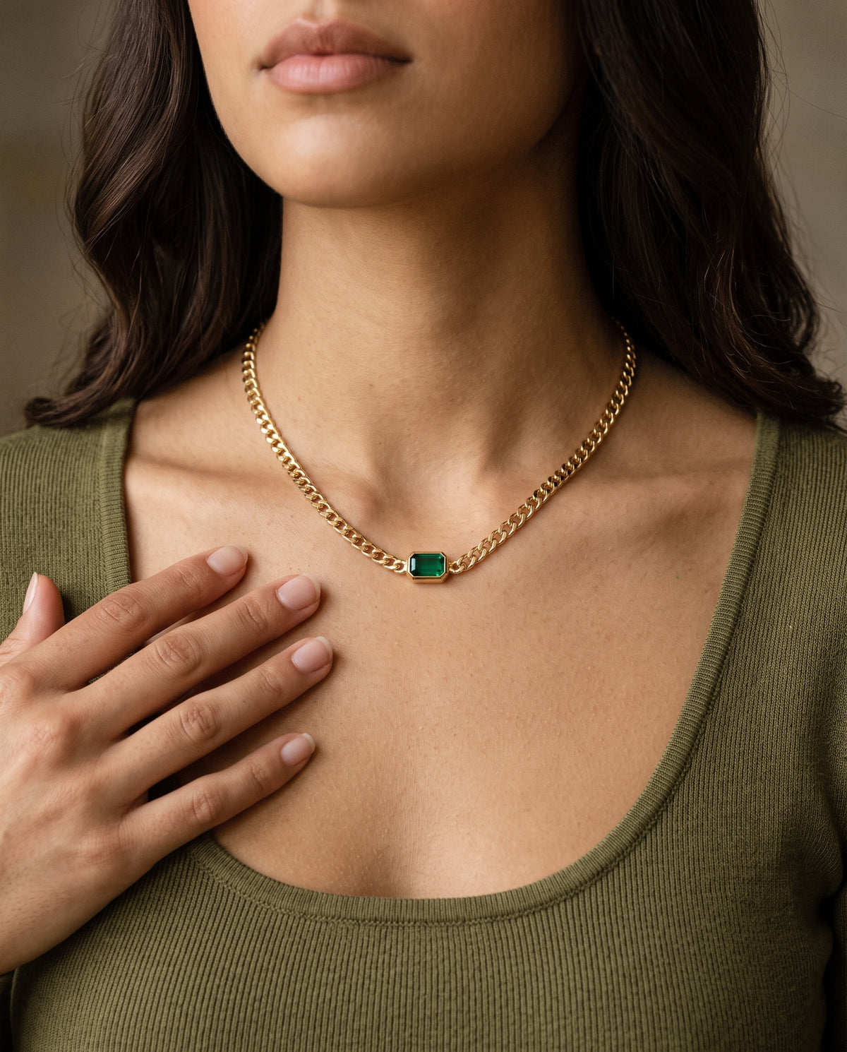 Gold Filled 4mm Curb Gemstone Necklace worn by a model