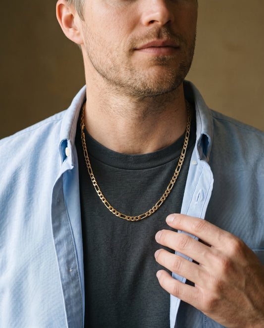 Gold Filled 4mm Flat Figaro Chain worn by a model
