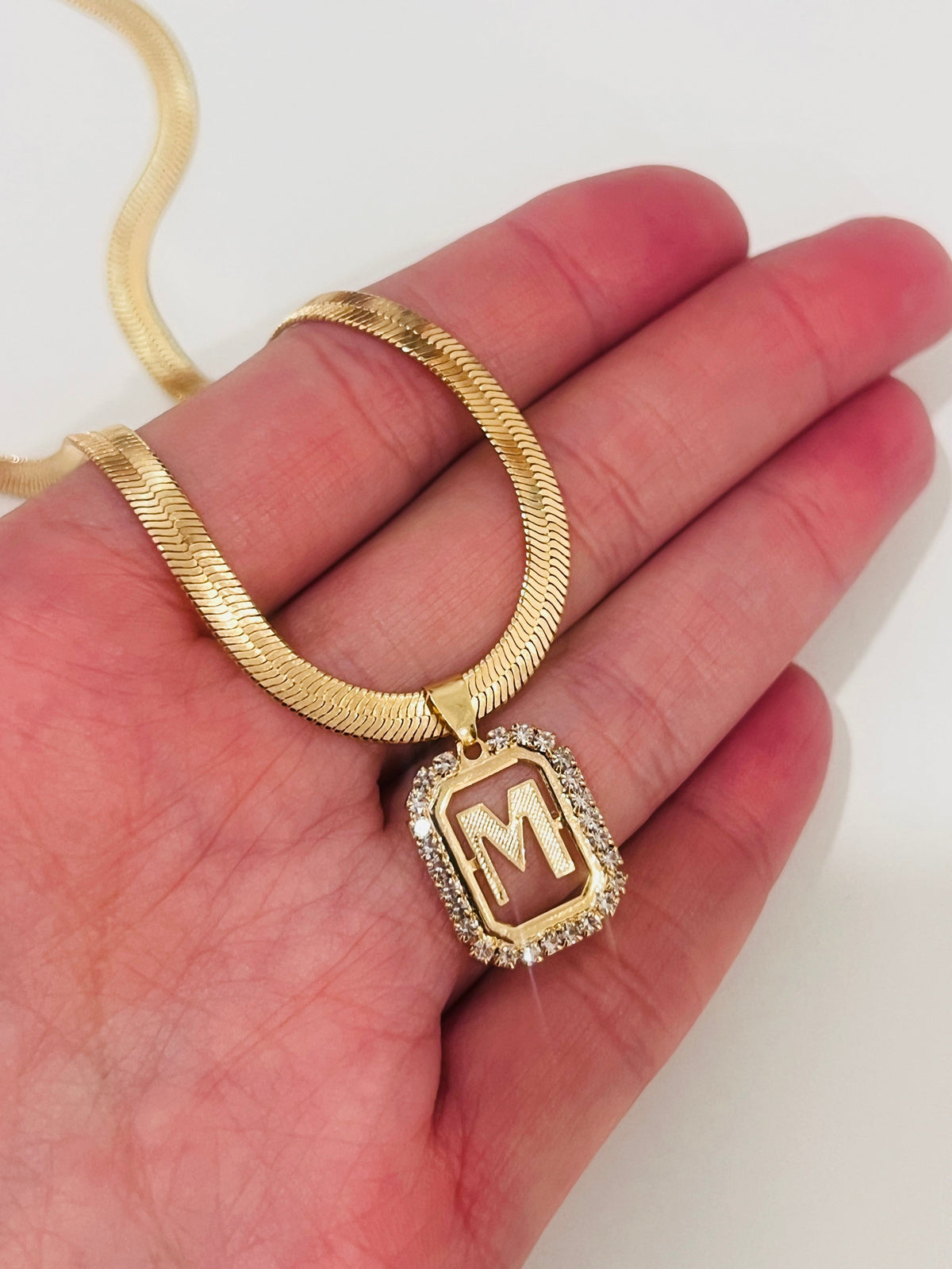 18KT Gold Filled Necklaces, Gold Filled 4mm Herringbone | CZ Initial Personalized Chain by HAUS OF MONOGRAM