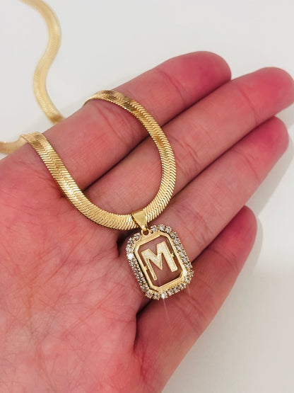 18KT Gold Filled Necklaces, Gold Filled 4mm Herringbone | CZ Initial Personalized Chain by HAUS OF MONOGRAM