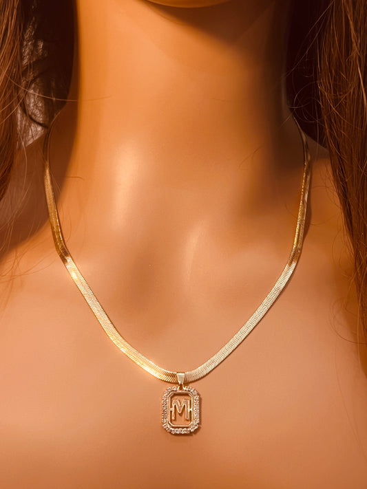 18KT Gold Filled Necklaces, Gold Filled 4mm Herringbone | CZ Initial Personalized Chain by HAUS OF MONOGRAM