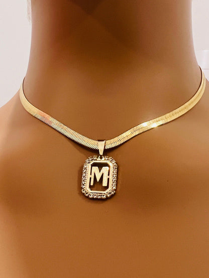 18KT Gold Filled Necklaces, Gold Filled 4mm Herringbone | CZ Initial Personalized Chain by HAUS OF MONOGRAM