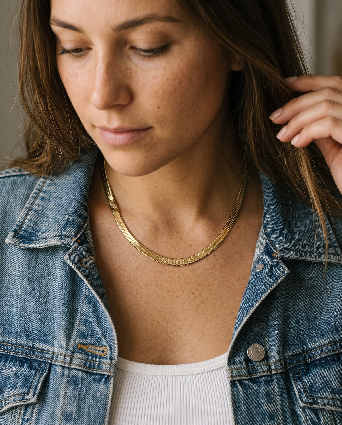 Gold Filled 4mm Herringbone Necklace worn by a model