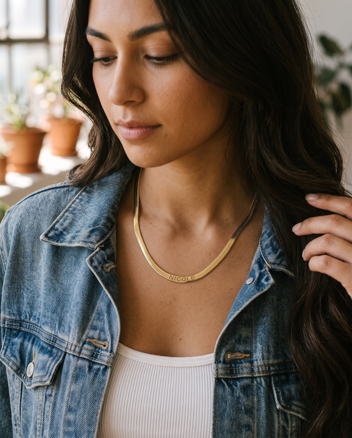 Gold Filled 4mm Herringbone Necklace worn by a model