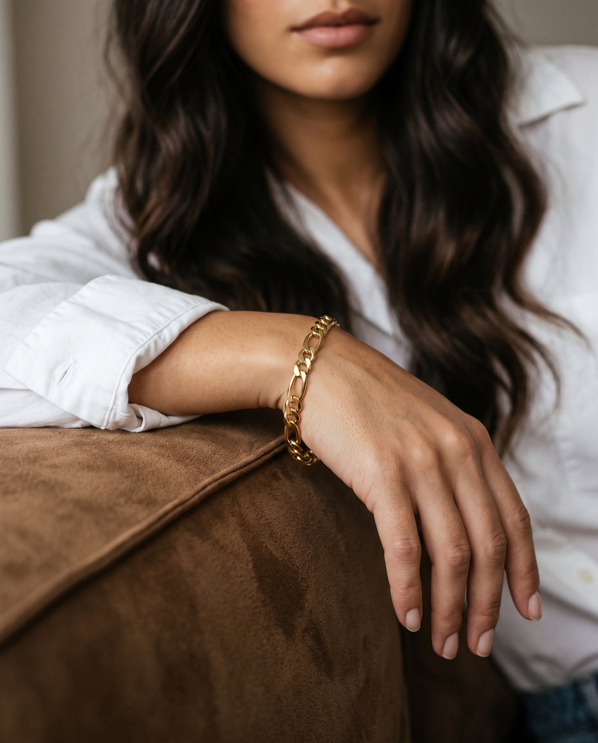 Gold Filled 6mm Figaro Bracelet worn by a model