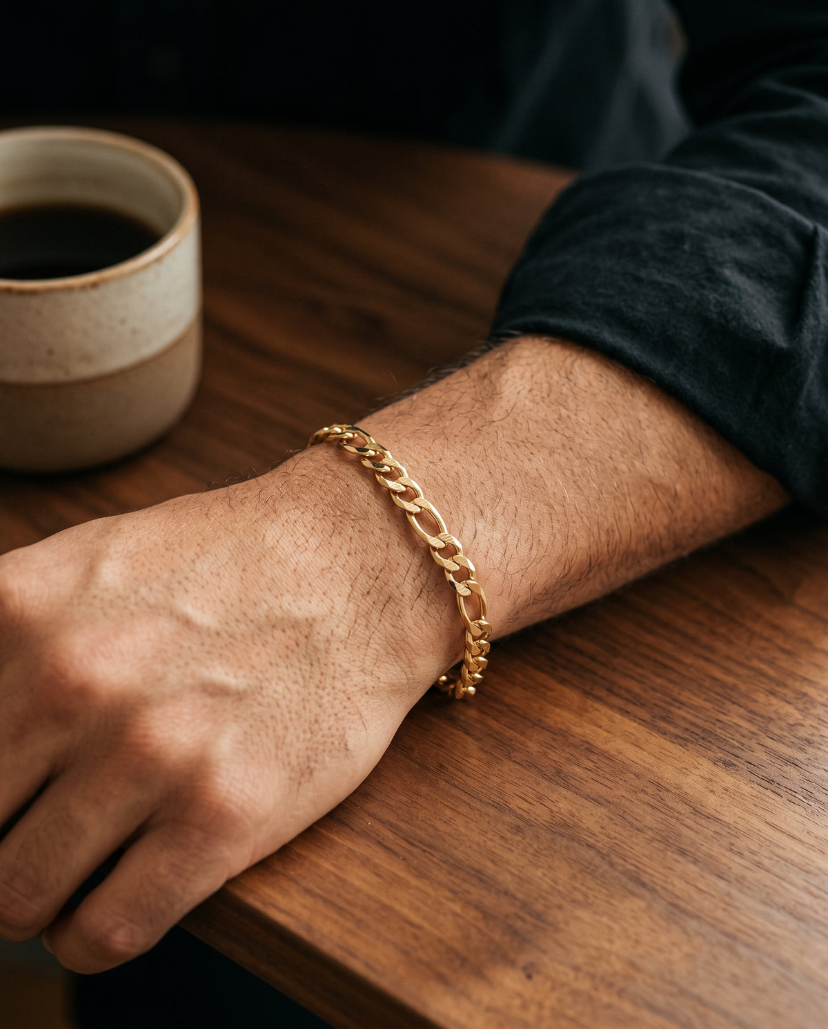 Gold Filled 6mm Figaro Bracelet worn by a model