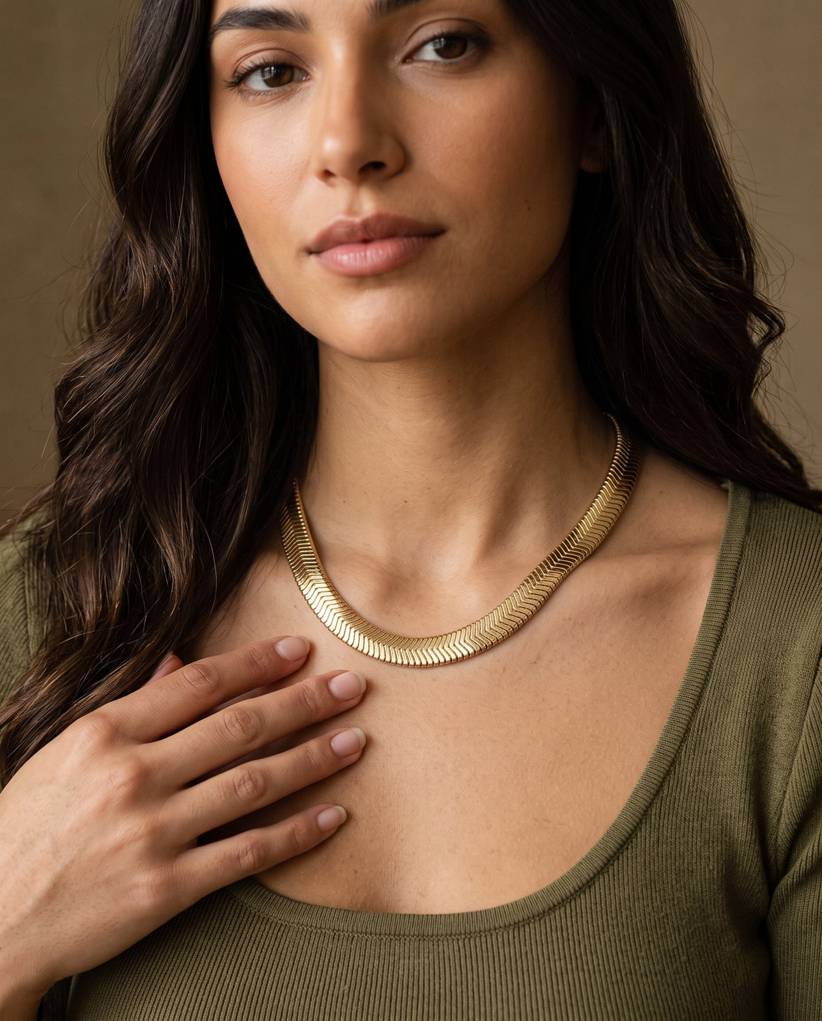 Gold Filled 6mm Magic Herringbone Necklace worn by a model