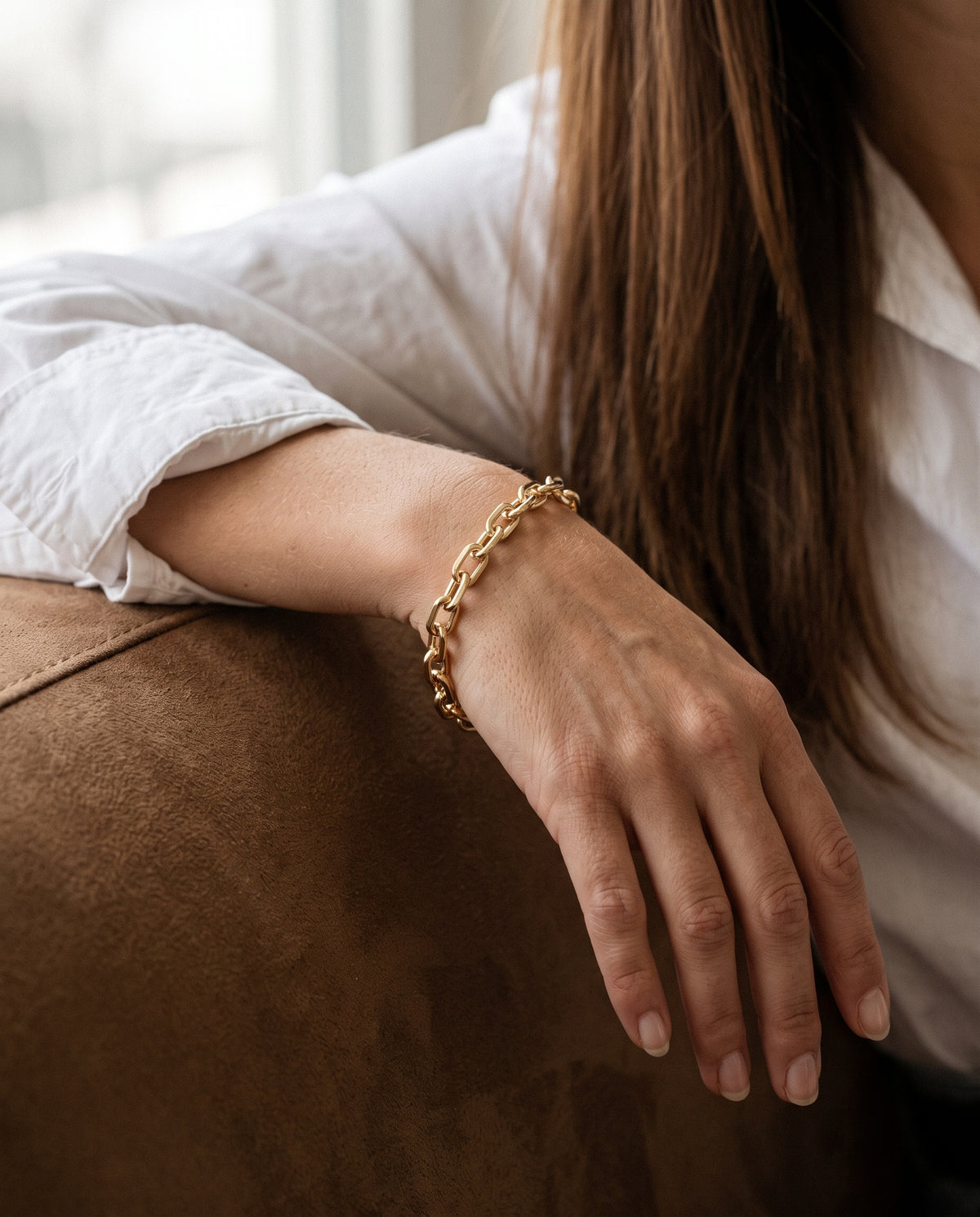 Gold Filled 6mm Paperclip Bracelet worn by a model