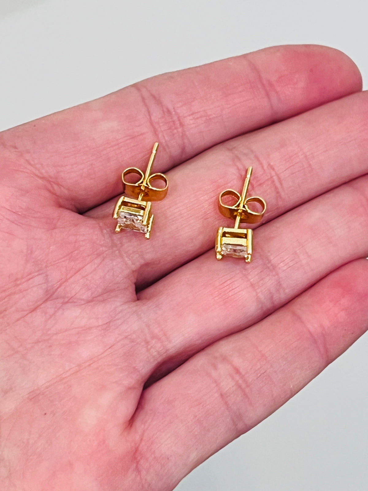 18KT Gold Filled Earrings, Gold Filled 7mm CZ Princess Cut Stud Earrings | Sparkling Gold Studs by HAUS OF MONOGRAM