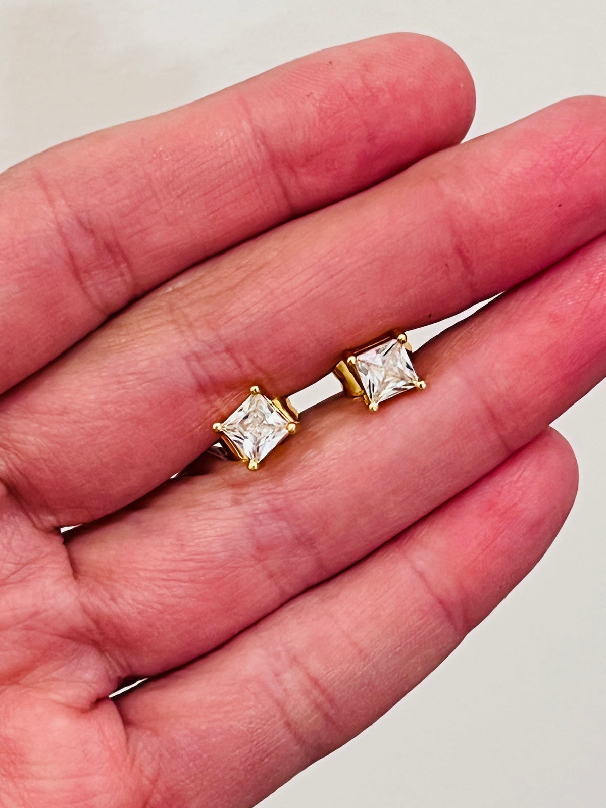18KT Gold Filled Earrings, Gold Filled 7mm CZ Princess Cut Stud Earrings | Sparkling Gold Studs by HAUS OF MONOGRAM