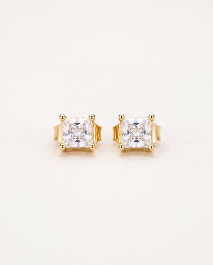 18KT Gold Filled Earrings, Gold Filled 7mm CZ Princess Cut Stud Earrings | Sparkling Gold Studs by HAUS OF MONOGRAM