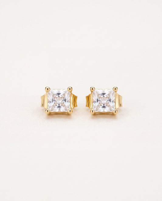 18KT Gold Filled Earrings, Gold Filled 7mm CZ Princess Cut Stud Earrings | Sparkling Gold Studs by HAUS OF MONOGRAM
