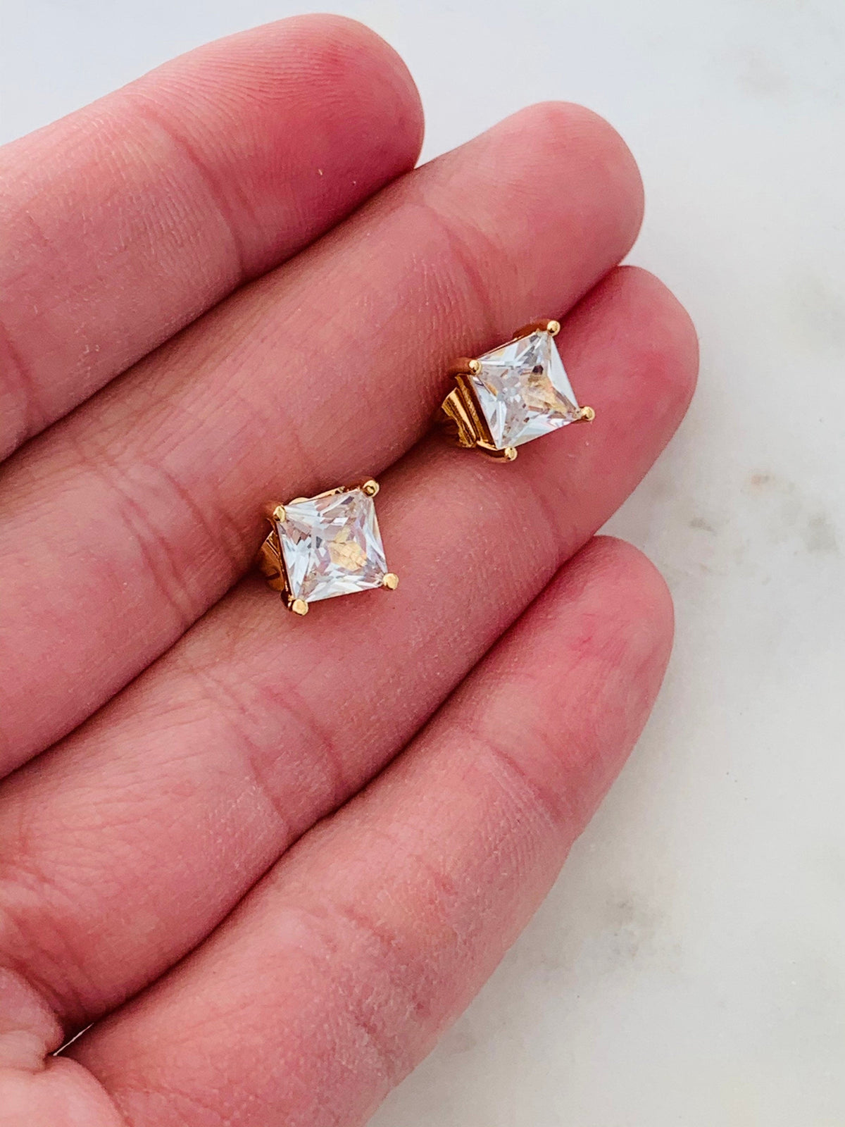 18KT Gold Filled Earrings, Gold Filled 8mm CZ Princess Cut Stud Earrings by HAUS OF MONOGRAM