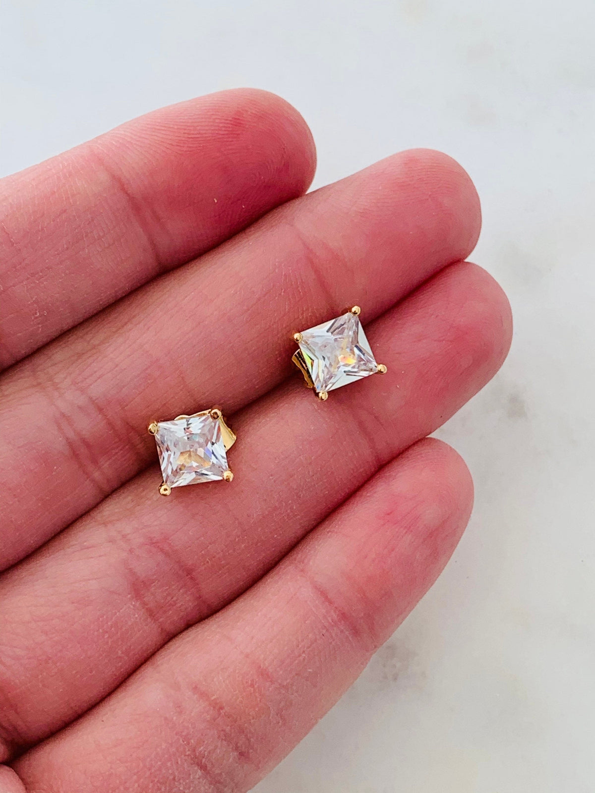 18KT Gold Filled Earrings, Gold Filled 8mm CZ Princess Cut Stud Earrings by HAUS OF MONOGRAM
