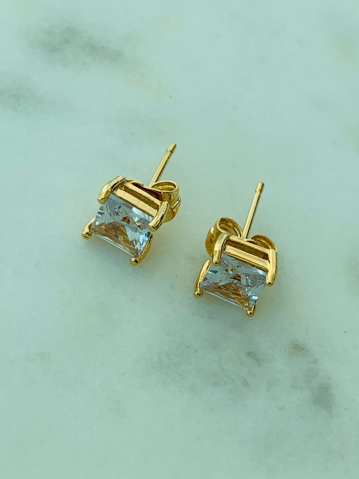 18KT Gold Filled Earrings, Gold Filled 8mm CZ Princess Cut Stud Earrings by HAUS OF MONOGRAM