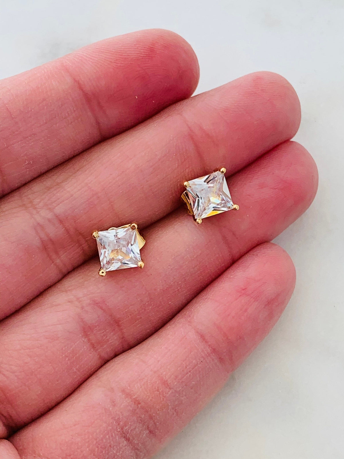 18KT Gold Filled Earrings, Gold Filled 8mm CZ Princess Cut Stud Earrings by HAUS OF MONOGRAM