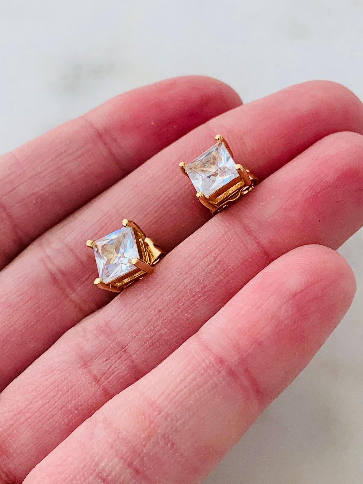 18KT Gold Filled Earrings, Gold Filled 8mm CZ Princess Cut Stud Earrings by HAUS OF MONOGRAM
