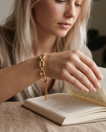 Gold Filled 8mm Puff Adjustable Bracelet worn by a model