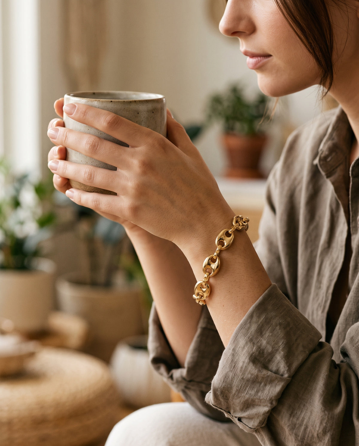 Gold Filled 8mm Puff Bracelet worn by a model