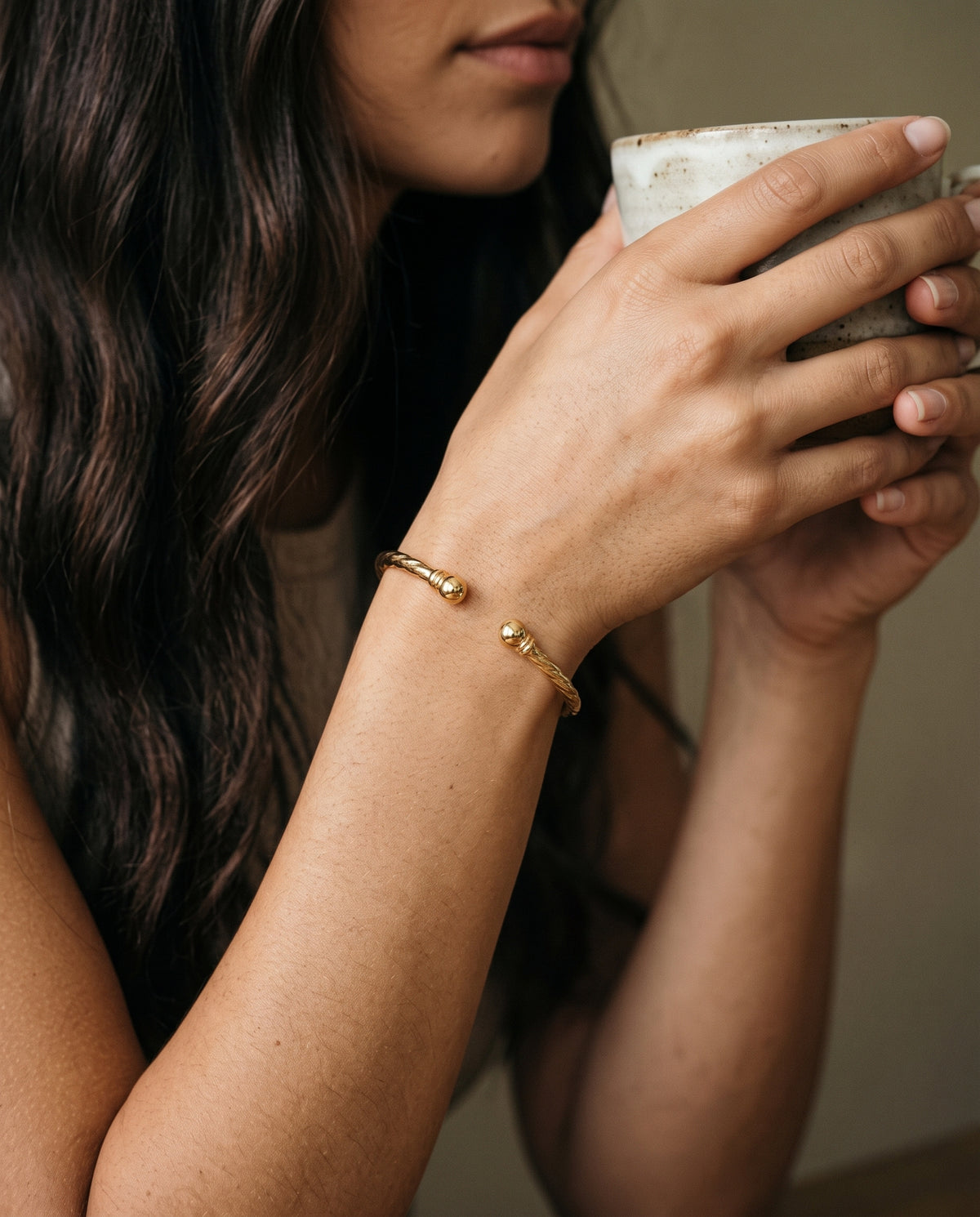 Gold Filled Adjustable Bangle worn by a model