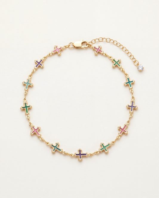 18KT Gold Filled Anklets, Gold Filled Anklet | Gemstone Cross Charm | 10" | 7mm Width by HAUS OF MONOGRAM