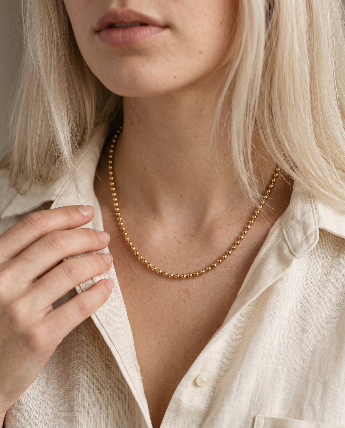 Gold Filled Ball Chain Necklace worn by a model