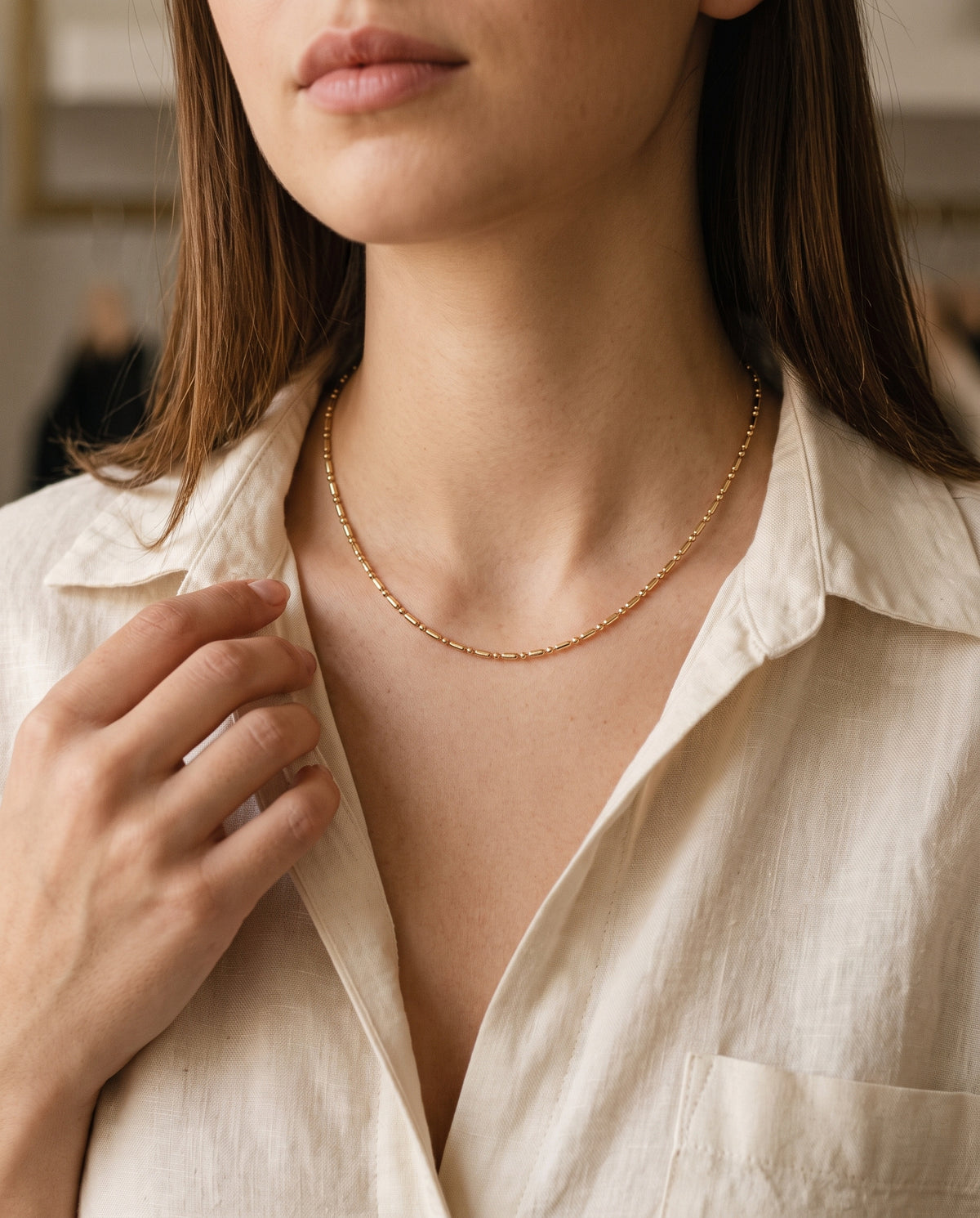 Gold Filled Ball Necklace worn by a model