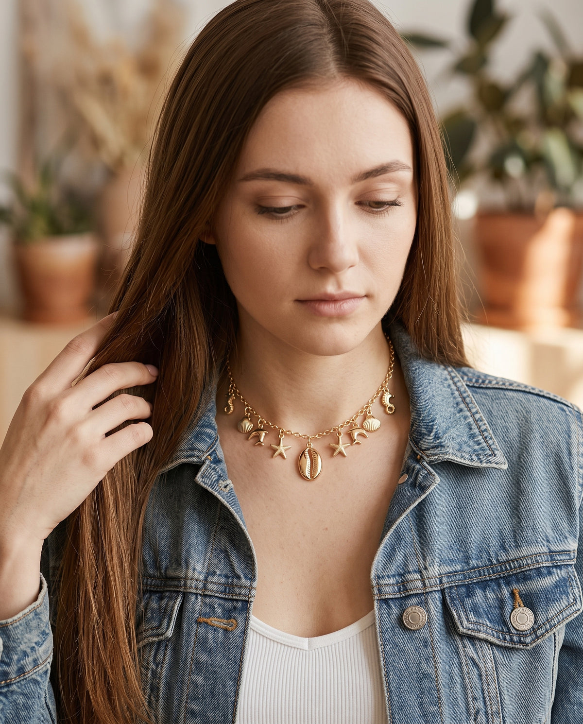Gold Filled Beach Charm Choker worn by a model