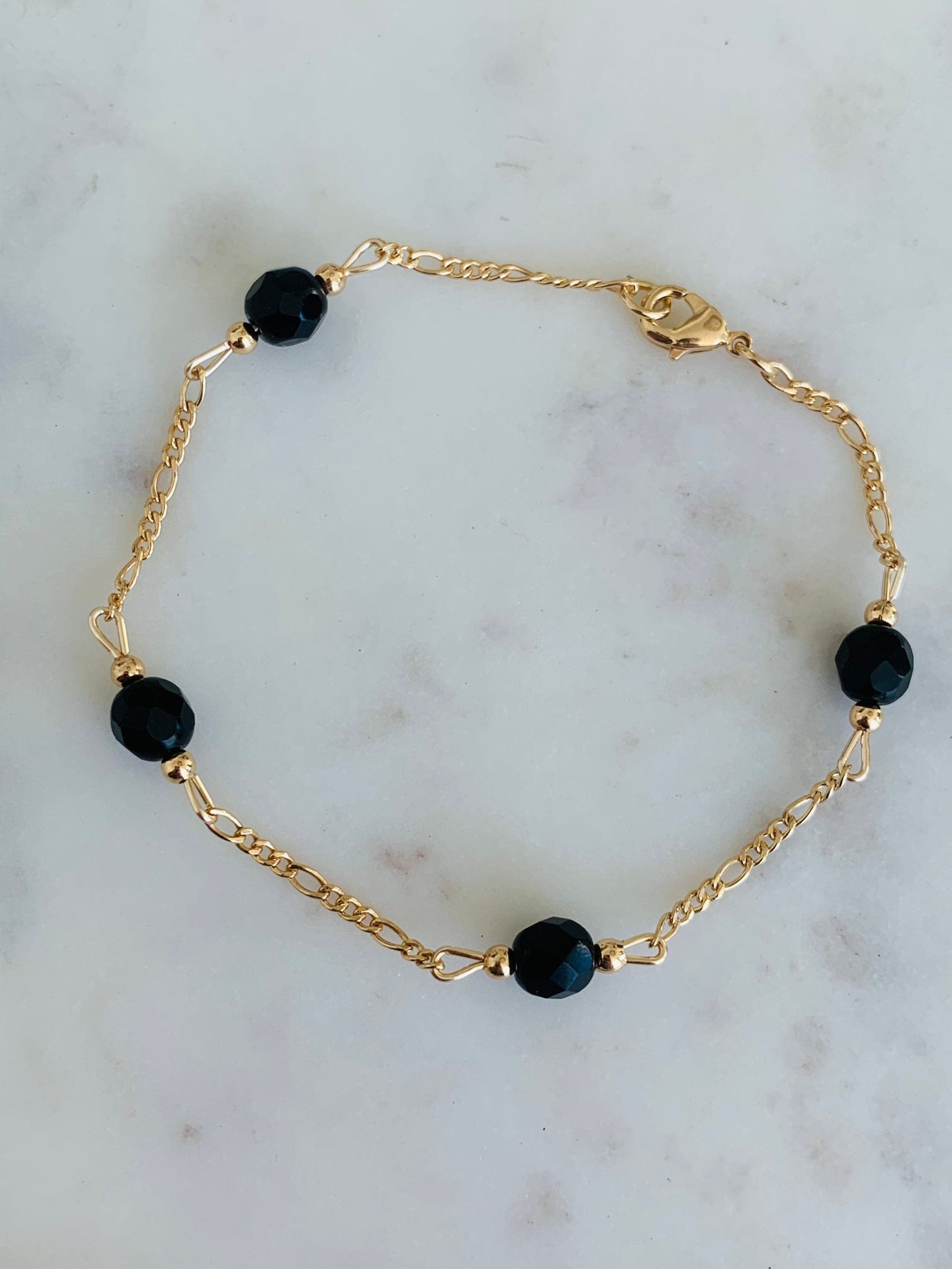 18KT Gold Filled Bracelets, Gold Filled Black Crystal Figaro Bracelet | Bold Shine with a Luxe Edge by HAUS OF MONOGRAM