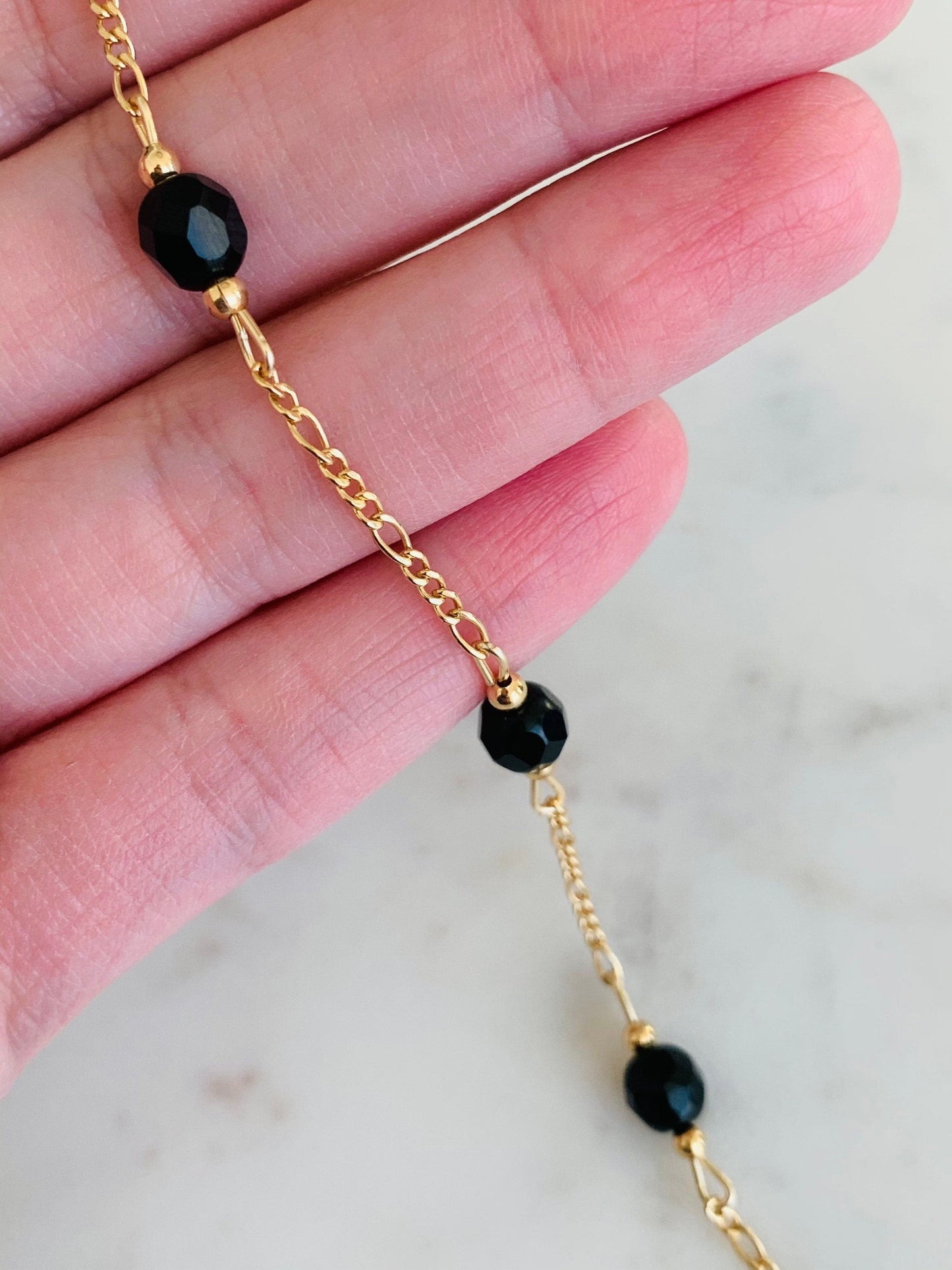 18KT Gold Filled Bracelets, Gold Filled Black Crystal Figaro Bracelet | Bold Shine with a Luxe Edge by HAUS OF MONOGRAM