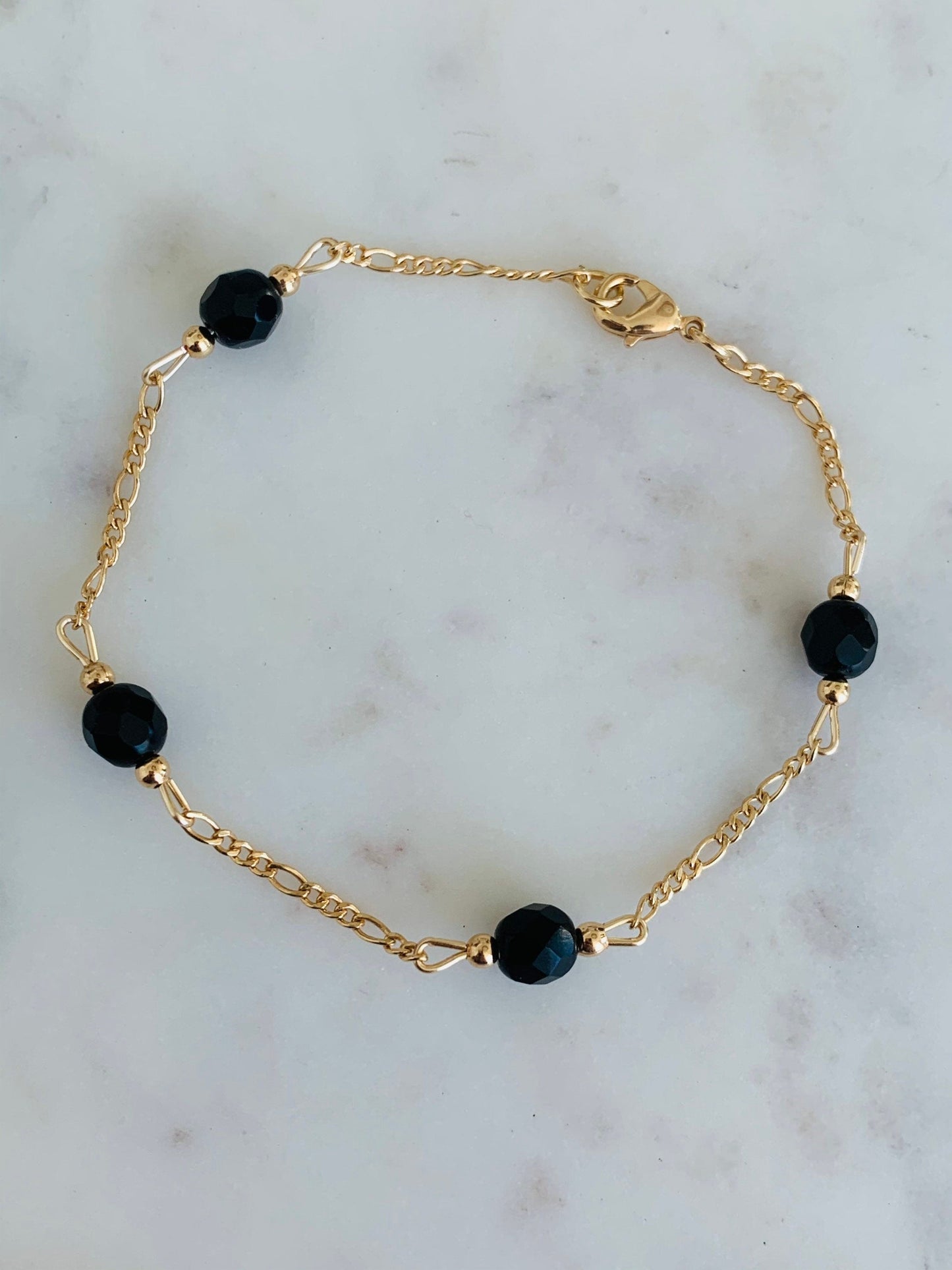 18KT Gold Filled Bracelets, Gold Filled Black Crystal Figaro Bracelet | Bold Shine with a Luxe Edge by HAUS OF MONOGRAM