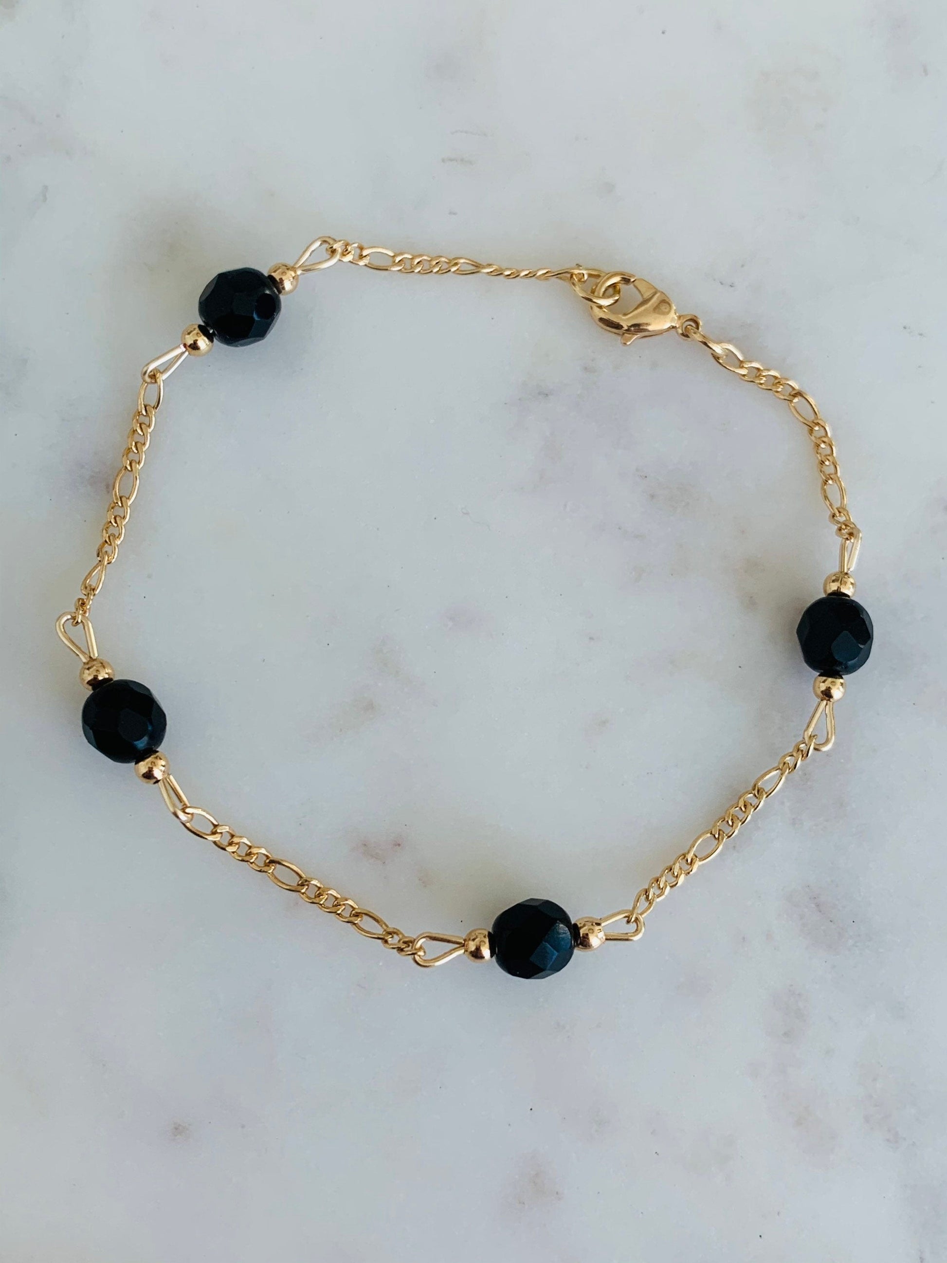 18KT Gold Filled Bracelets, Gold Filled Black Crystal Figaro Bracelet | Bold Shine with a Luxe Edge by HAUS OF MONOGRAM