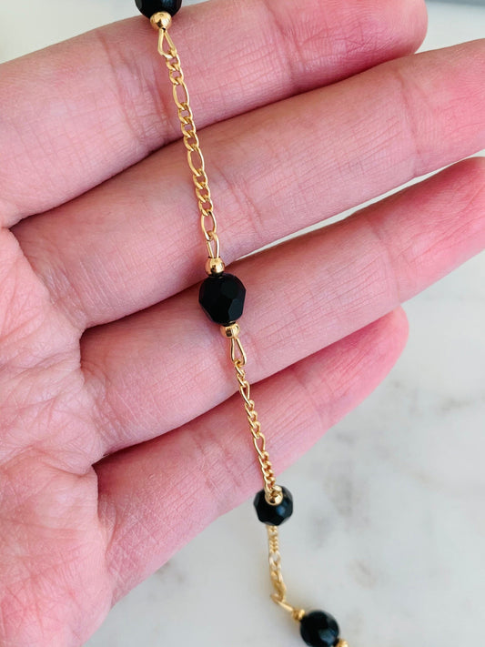18KT Gold Filled Bracelets, Gold Filled Black Crystal Figaro Bracelet | Bold Shine with a Luxe Edge by HAUS OF MONOGRAM