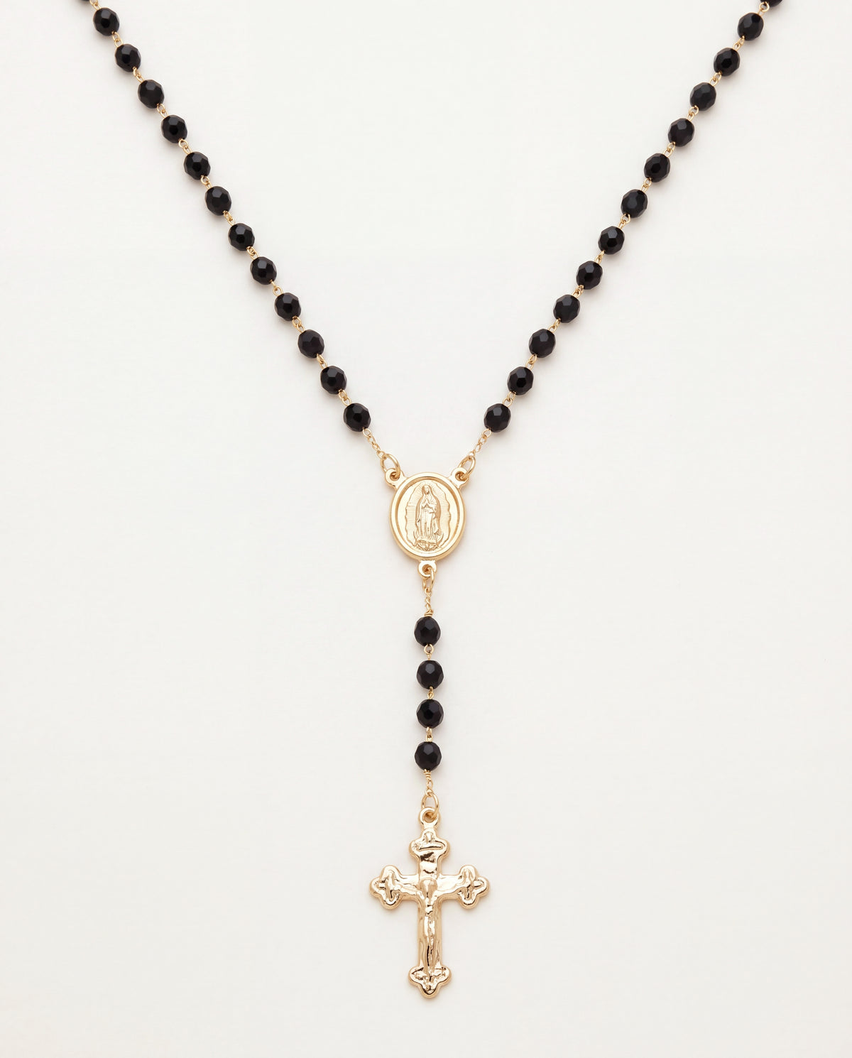 18KT Gold Filled Necklaces, Gold Filled Black Crystal Rosary Necklace | 16.5" with Dainty Cross Pendant by HAUS OF MONOGRAM