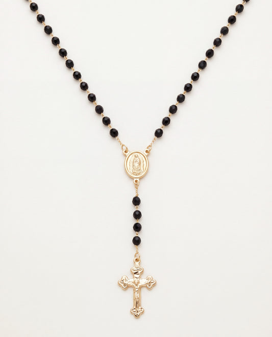 18KT Gold Filled Necklaces, Gold Filled Black Crystal Rosary Necklace | 16.5" with Dainty Cross Pendant by HAUS OF MONOGRAM