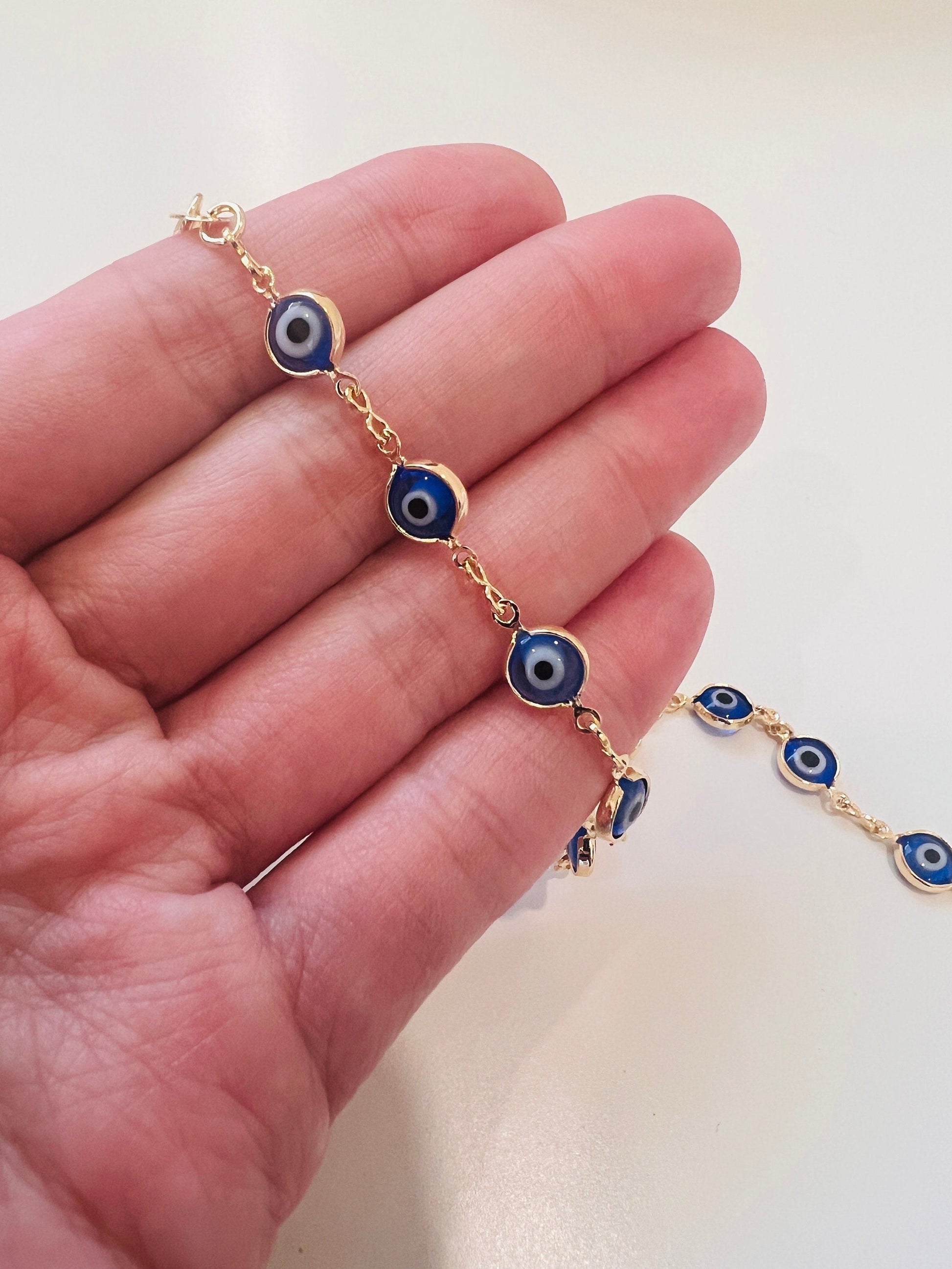 18KT Gold Filled Bracelets, Gold Filled Blue Evil Eye Bracelet | Dainty Protective Charm Jewelry by HAUS OF MONOGRAM