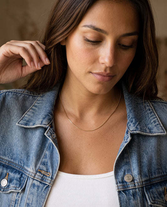 Gold Filled Box Necklace worn by a model