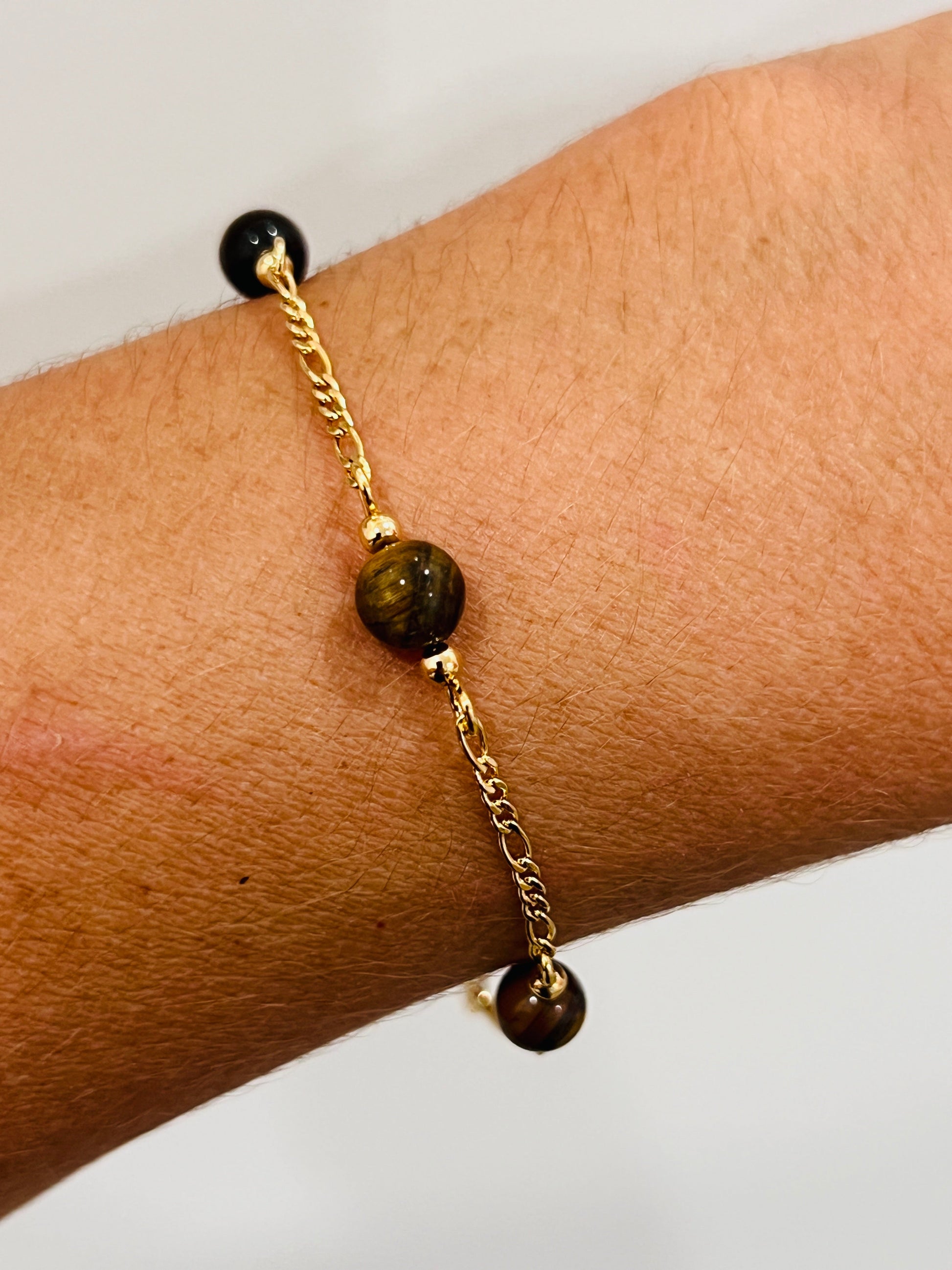 18KT Gold Filled Bracelets, Gold Filled Bracelet | Tiger Eye Beads | Figaro Chain | 7.5" by HAUS OF MONOGRAM