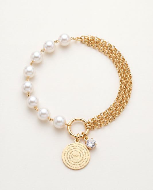 18KT Gold Filled Bracelets, Gold Filled Bracelet with Pearls & Prayer Charm | Faith-Inspired Jewelry by HAUS OF MONOGRAM